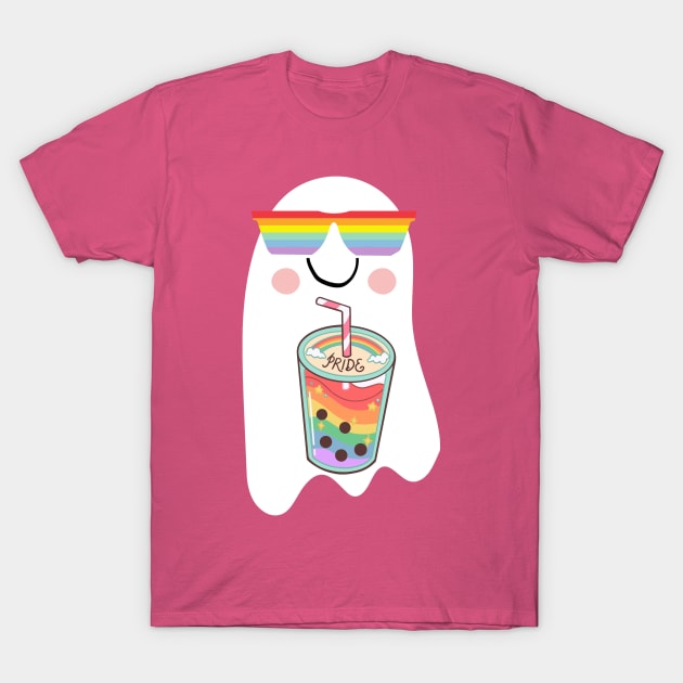 Pride Rainbow Cool Ghost with Drink T-Shirt by TheMavenMedium